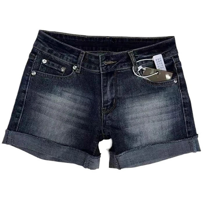 STORESDE Retro Roll Up Hem Deep Blue Denim Shorts Women Summer Sexy Low Rise Hip Covering Hot Pants American Distressed Washed Jean Short