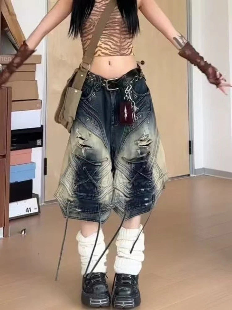 STORESDE American Streetwear Lace Up Cargo Denim Pants Summer Hot Girl Chic Loose Wide Leg Cropped Pants 2000s Y2k Shorts Women Clothing