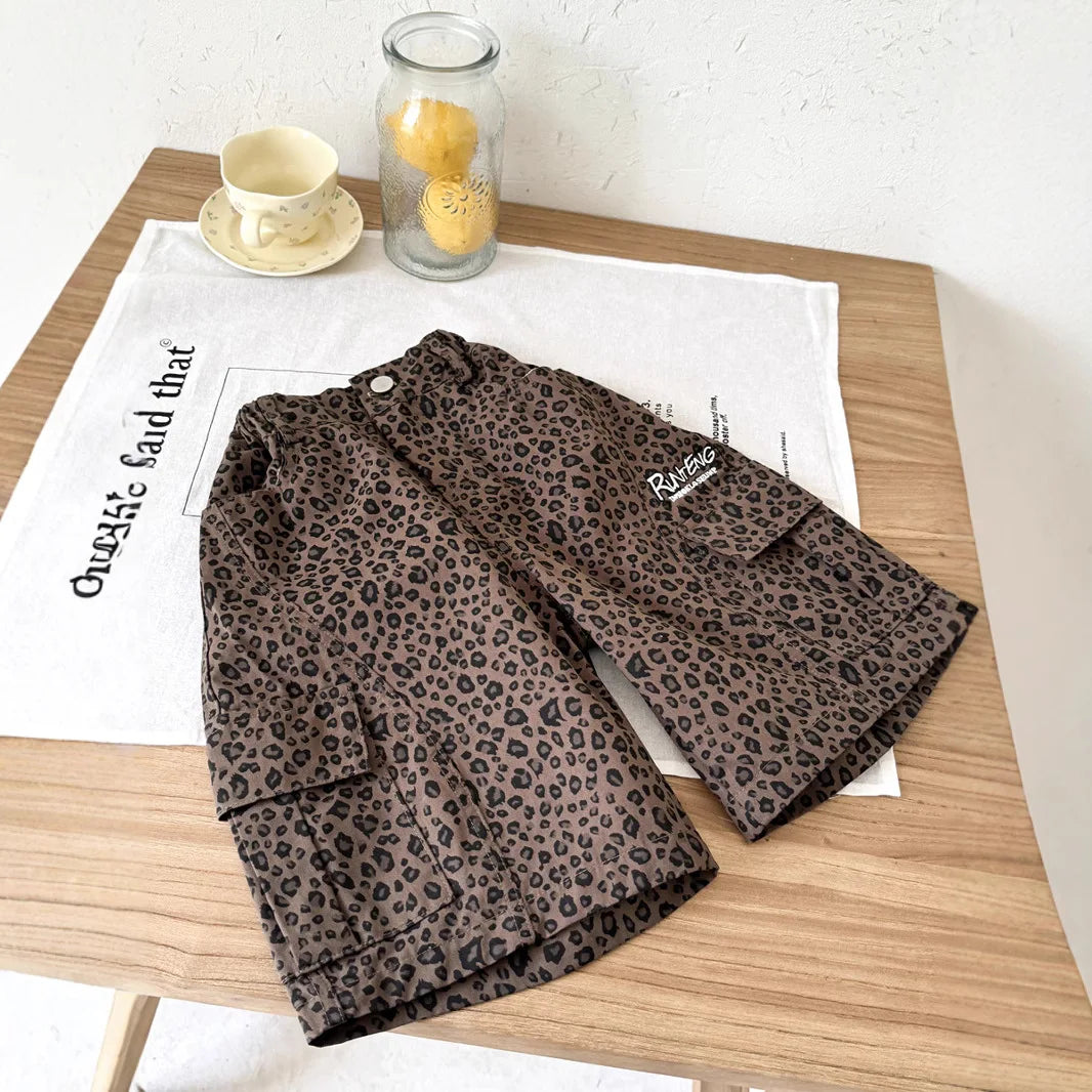 STORESDE Girl Pants 2025 Summer New Childrens Clothing Korean Style Girl Baby Retro Leopard Print Wide Leg Cargo Pants Casual Daily