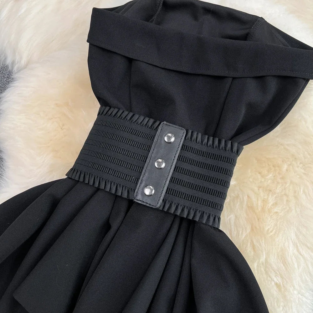 STORESDE 2pcs Sets Women Outfits Fashion Strapless Irregular Skinny A-line Dresses+elastic High Waist Solid Wide-leg Shorts Femme Suits
