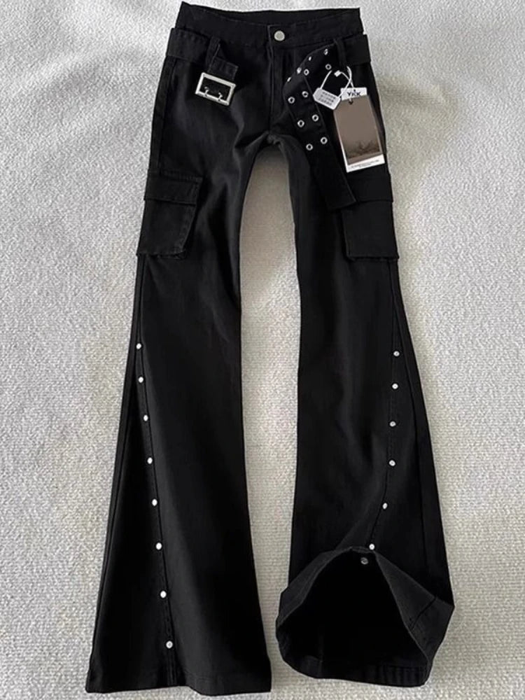 STORESDE Autumn American Retro Dark Gothic Jeans Women High-street Mid-rise Rivet-decorated Flared Pants Y2K 2000s Aesthetic Cargo Pants