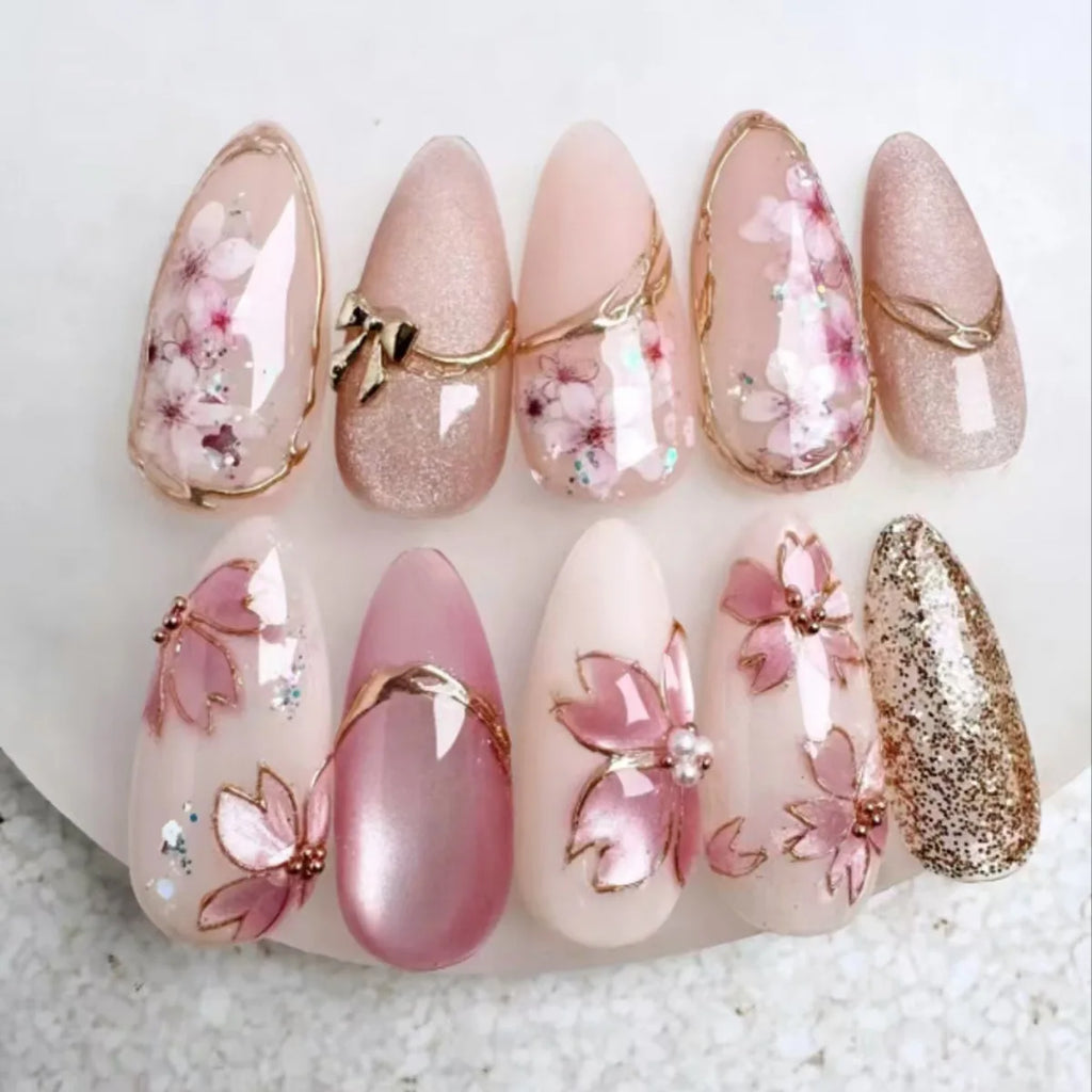 STORESDE 24pcs False Nails Glossy Green Summer Almond Fake Nail Tips Wearable Detachable Fashion Flower Print Press on Nails for Girl