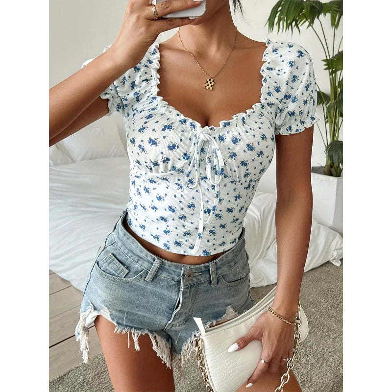 STORESDE Bohemia Summer Y2k Women's T-shirt Puff sleeve French shirt female Sexy slim Short sleeve woman T-shirt V-neck floral short top