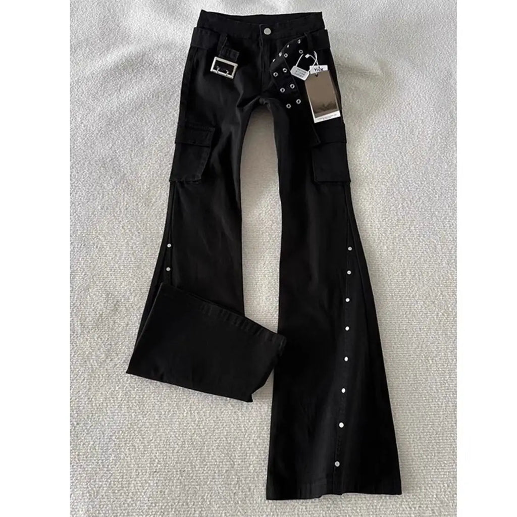 STORESDE Autumn American Retro Dark Gothic Jeans Women High-street Mid-rise Rivet-decorated Flared Pants Y2K 2000s Aesthetic Cargo Pants