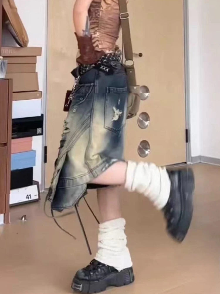 STORESDE American Streetwear Lace Up Cargo Denim Pants Summer Hot Girl Chic Loose Wide Leg Cropped Pants 2000s Y2k Shorts Women Clothing