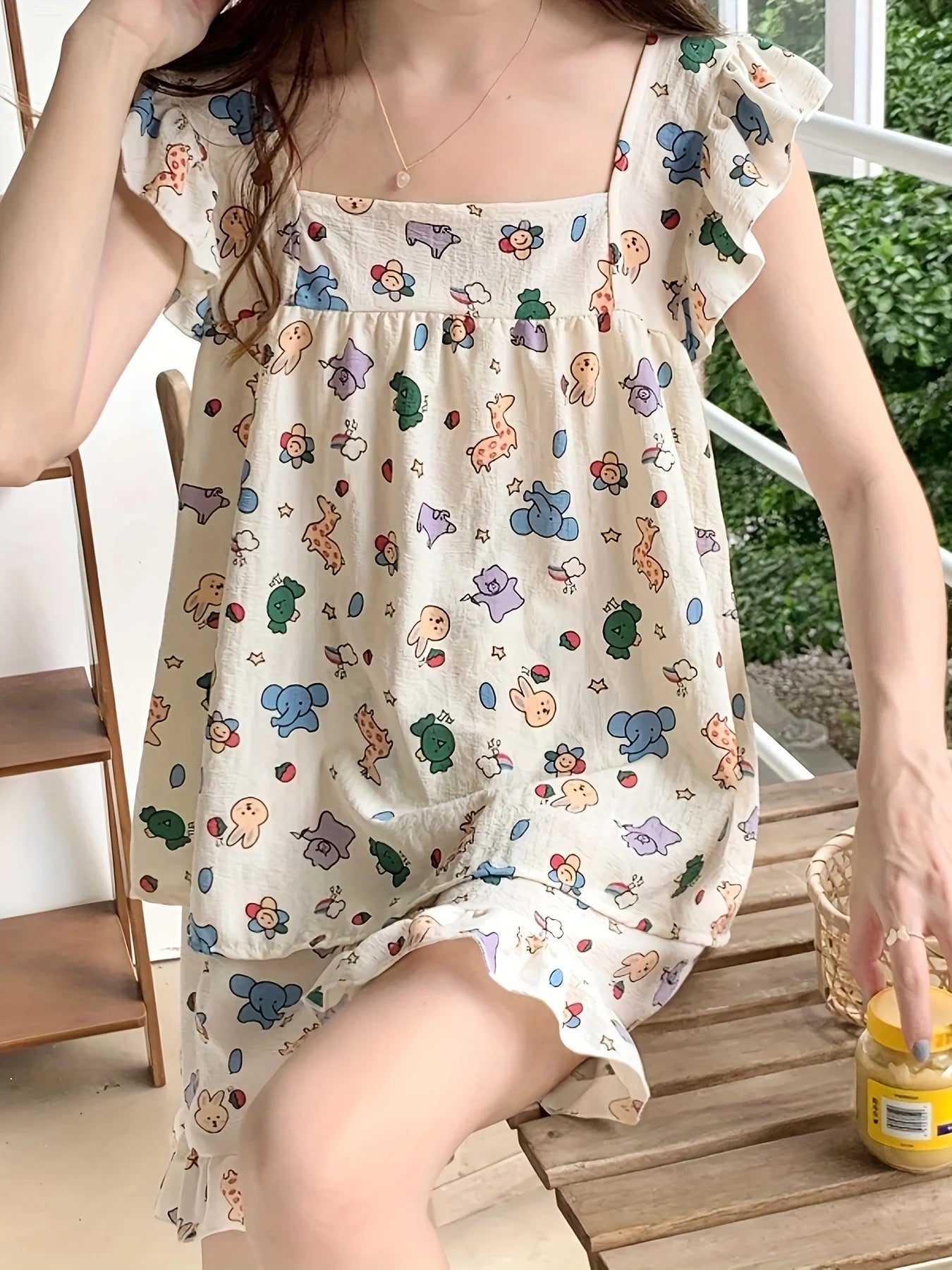 STORESDE Allover Cartoon Print Lounge Set Ladies Summer Cute Ruffle Sleeve Square Neck Top & Shorts Kawaii Women's Loungewear Summer