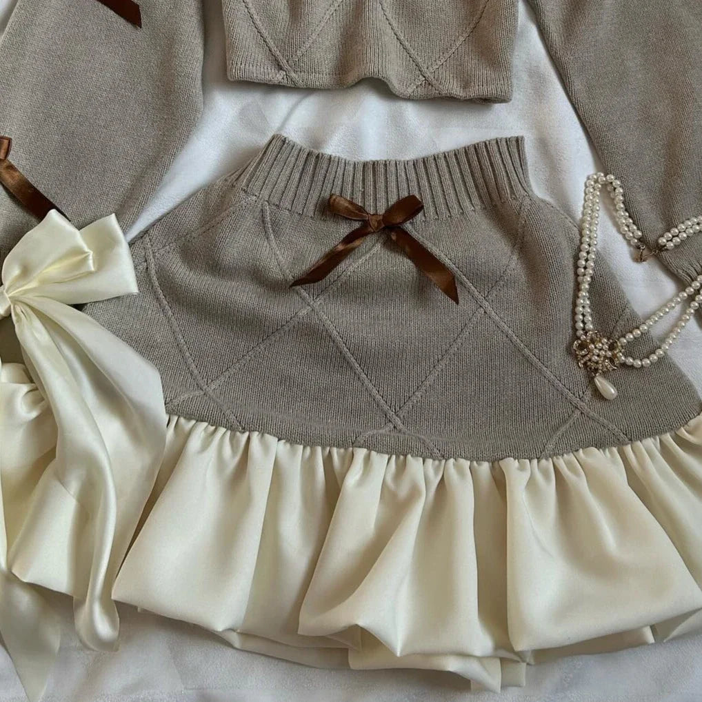 STORESDE Fashion Trend Y2k Knitted Splicing Two Piece Set Women Bow Long Sleeve Knitted Slimming Sexy Top Mini Pleated Skirt Autumn Set