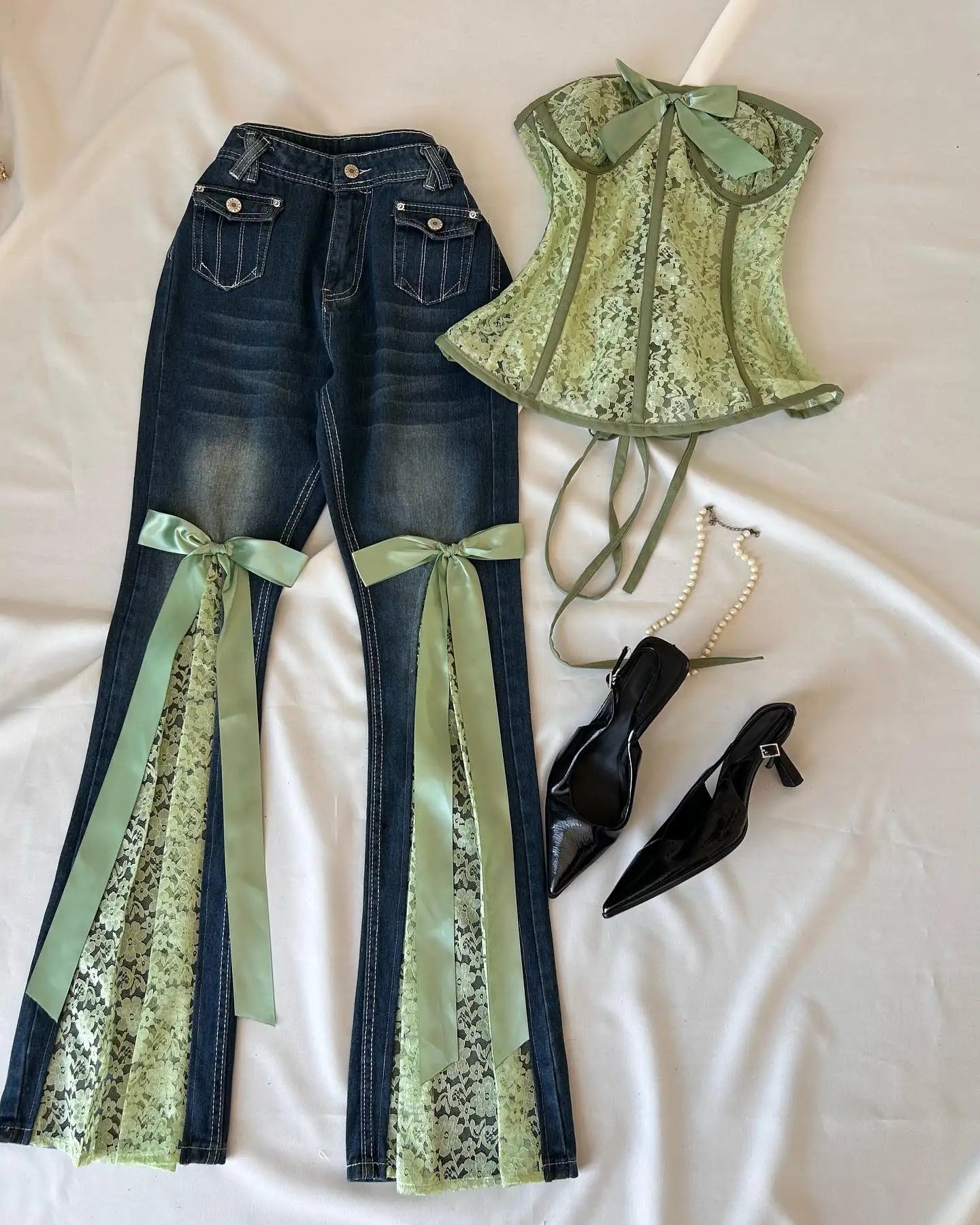STORESDE Y2 Retro Sweet Bowknot Satin Ribbon Lace Patchwork Jeans Mid Waist Slimming Wrap Hip Bootcut Jeans Micro Elastic Denim Pants