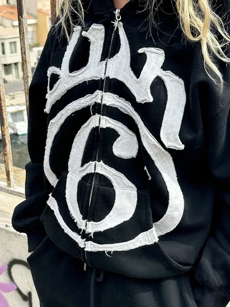 STORESDE Vintage Hip Hop Letter Embroidery Zipper Hoodie Streetwear Men Women Sports Washed Loose Coat Y2K Punk Couple Hoodie Sweatshirt