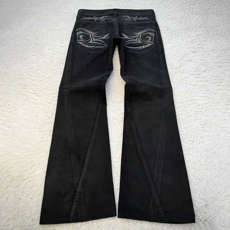 STORESDE vintage X ray waxing tribal embroidery men's flared jeans Gothic high street unisex punk slim fit jeans Y2K baggy flared jeans