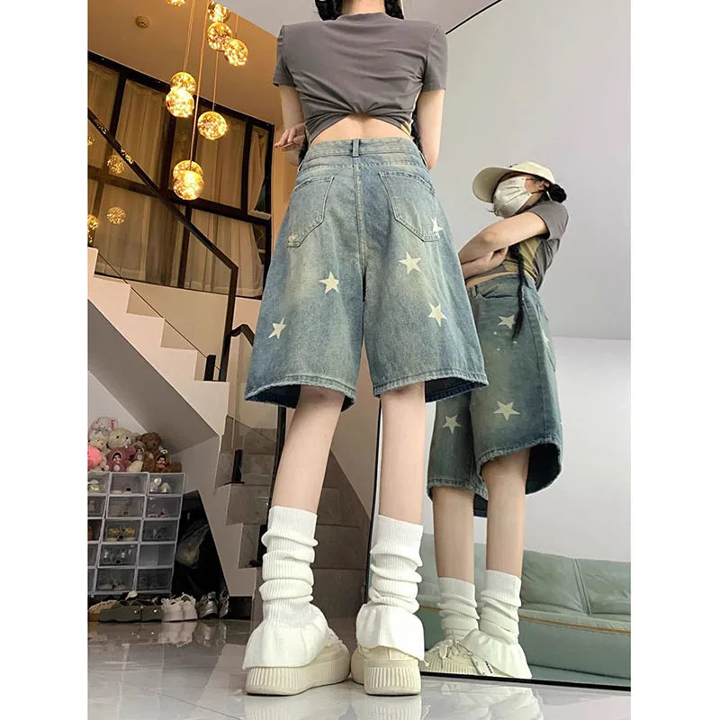 STORESDE American Style Vintage Women's Short Jeans High Waisted Washed Wide Leg Denim Pants Woman Fashion Do Old Star Knee Length Shorts