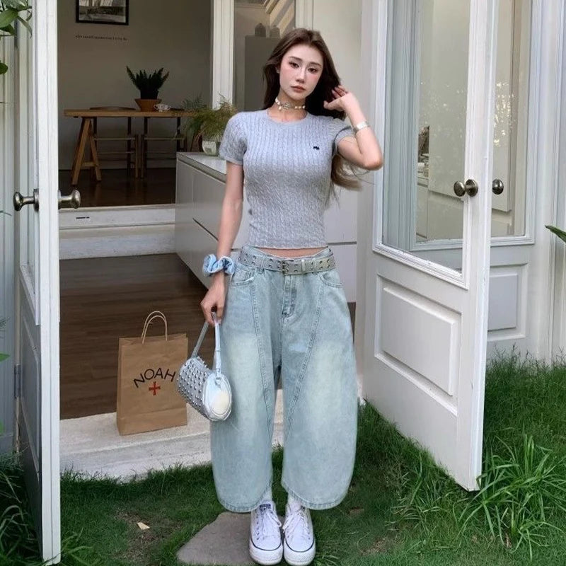 STORESDE 2025 Summer Sexy Vintage Style Harajuku Blue Jeans Women's Y2K Punk Street Baggy Denim Trouser Casual Mop Calf Length Pants