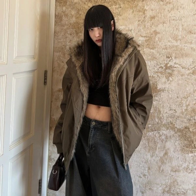 STORESDE Vintage Solid Fur Collar Hooded Sweatshirt Autumn Winter Zipper Y2K Retro Fleece Jacket Harajuku Plush Dark Fashion Outfits 2025
