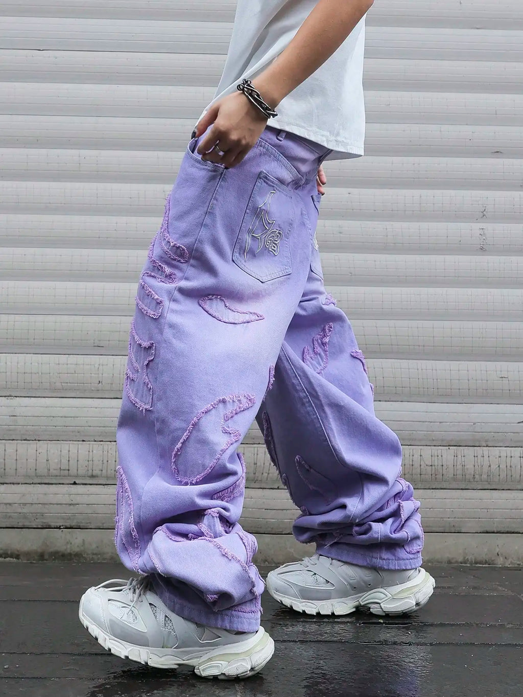 STORESDE High - street style purple distressed frayed jeans for men, loose, trendy street hip - hop wide - leg pants