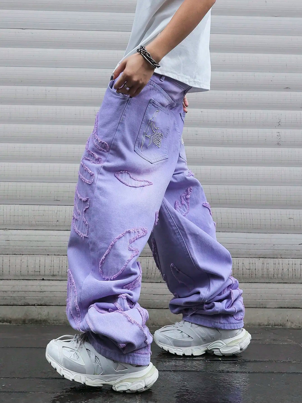 STORESDE High - street style purple distressed frayed jeans for men, loose, trendy street hip - hop wide - leg pants