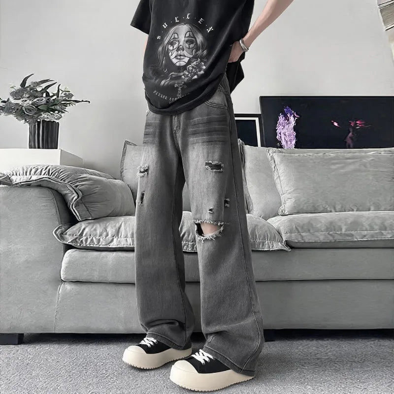 STORESDE Summer Men's Distressed Denim Pants 2026 New Gray Washed Ripped Loose Straight Leg Casual Streetwear Jeans