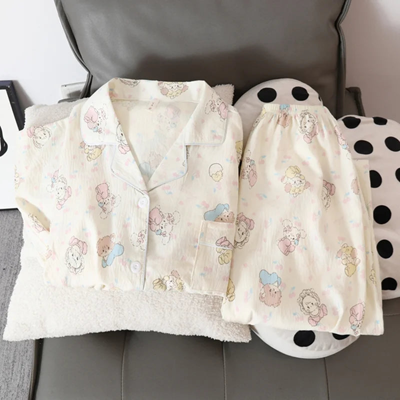 STORESDE Korean Sweet Cute Cartoon Cat Print Women's Pajamas Kawaii Casual All-match New Pajamas Set for Women Autumn V-neck Nightwear