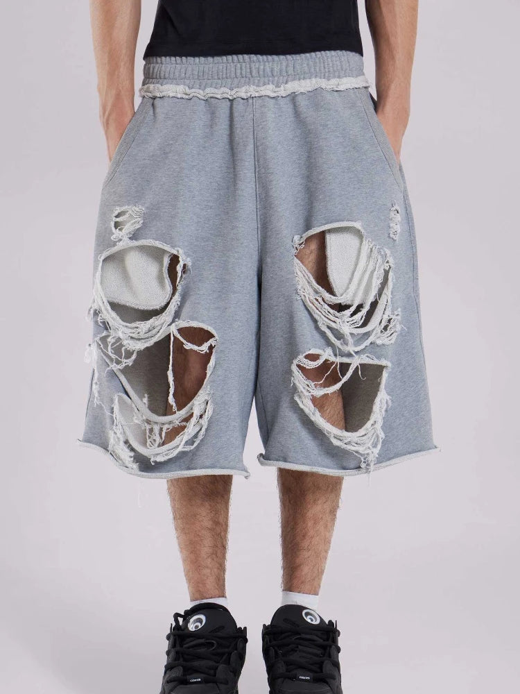 STORESDE HOUZHOU Gray Distressed Baggy Shorts Women Casual Grunge Wide Leg Sport Shorts Hip Hop Streetwear Oversized Holes Sweatpants