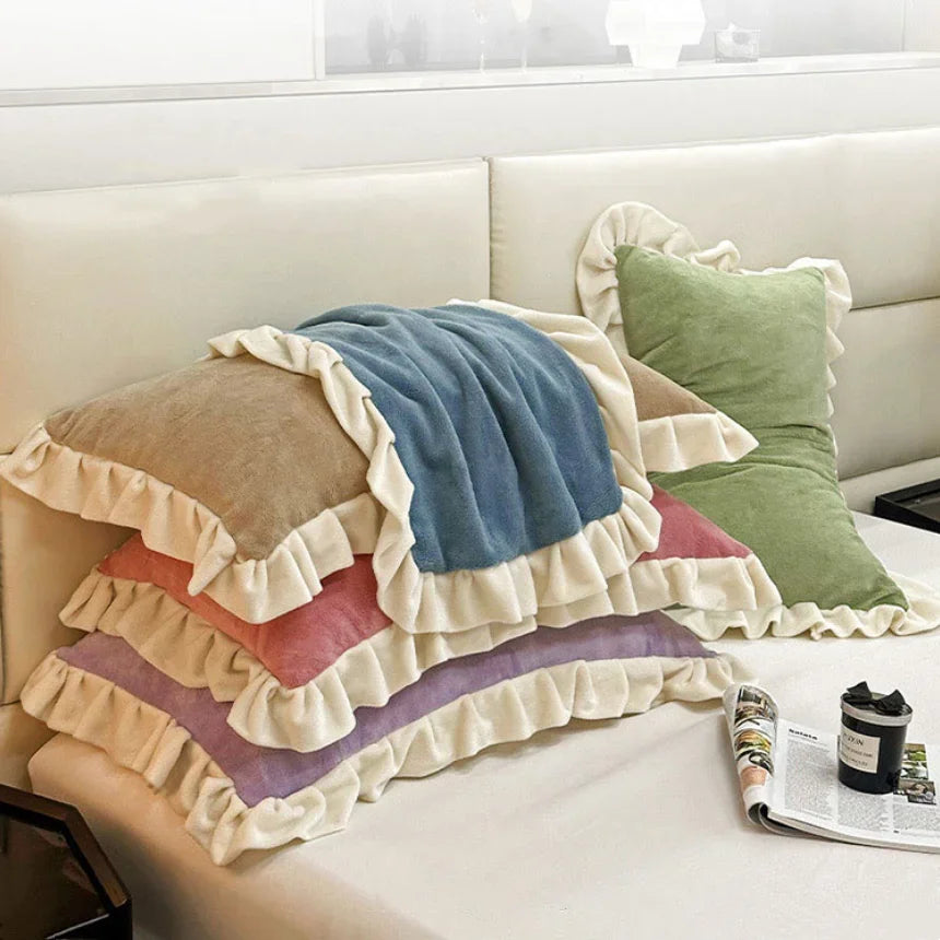 STORESDE Solid Color Autumn and Winter Thickened Pillowcase Milk Velvet Embroidered Pillowcase with Lace Design