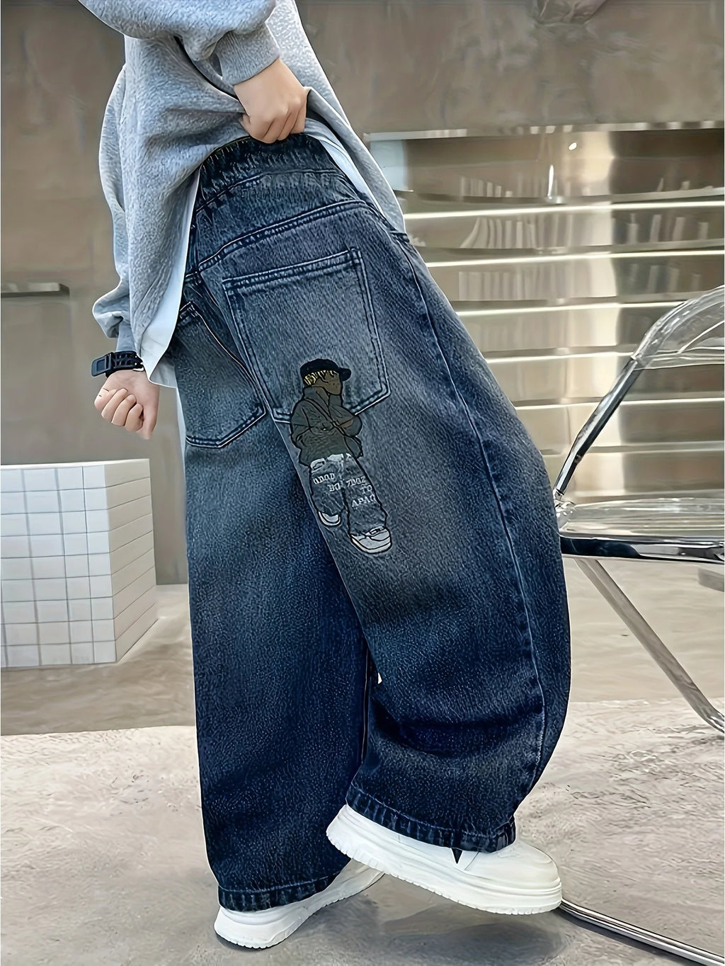 STORESDE Boy's loose-fit trendy rear pocket embroidered design denim straight-leg pants, comfortable stretch elastic waist.