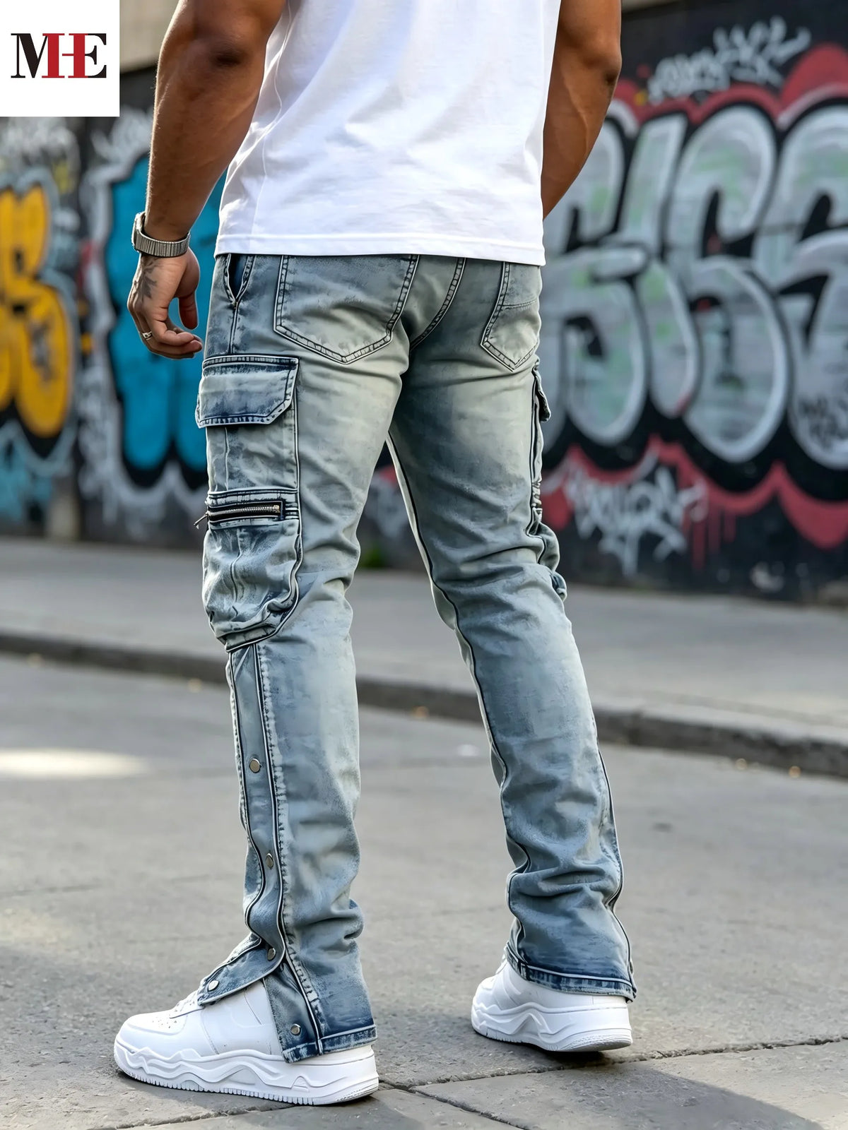 STORESDE HME Men's Flared Denim Pants, Light Blue Vintage Jeans with Rips & Zipper Hem for Casual Style