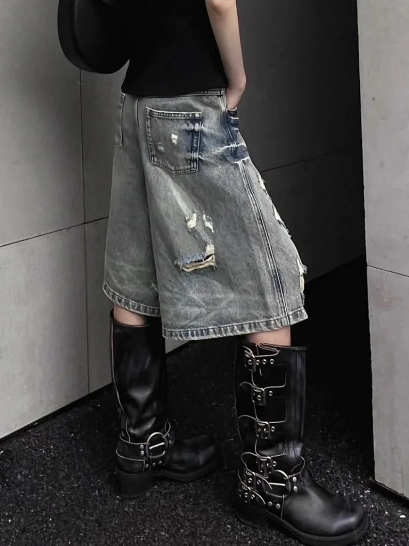 STORESDE American Street Washed Blue Denim Shorts Y2k E-Girl High Waist Loose Wide Leg Jeans 2026 New Hole Straight Knee-Length Pants