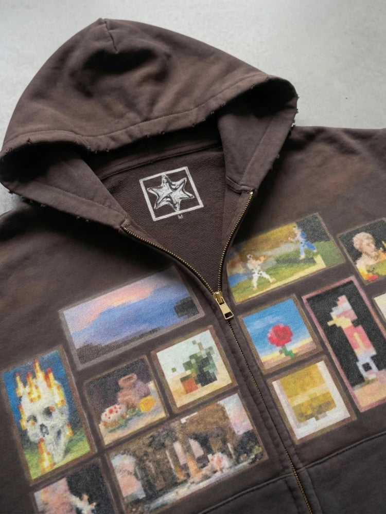 STORESDE Y2K Retro Gallery Hoodie Brown Pixel Painting Art Pattern Zip Up Sweatshirt Trendy Classic Streetwear Unisex Oversize Clothing
