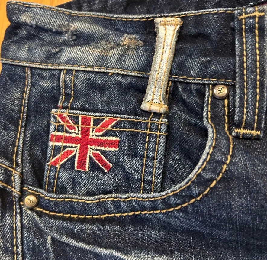 STORESDE Y2K Vintage British Embroidered Denim Washed Blue Denim Mid Stretch Straight Wide Leg Jeans High Street Hip Hop Work Pants