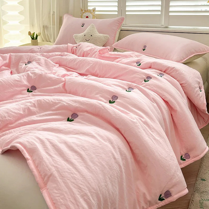 STORESDE Summer new tulip embroidered summer quilt household solid color air conditioner quilt, no pillowcase