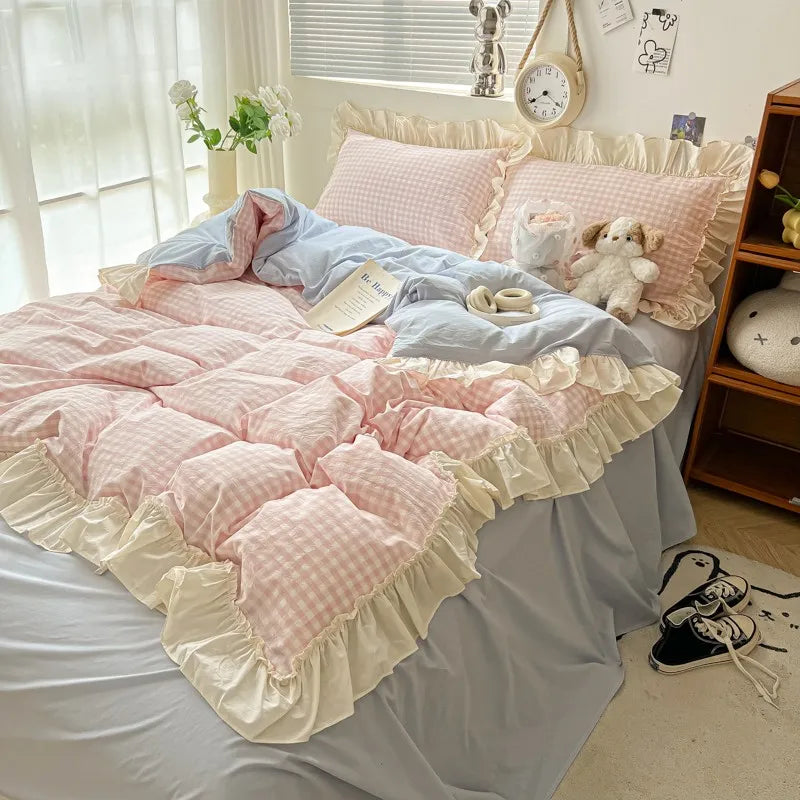 STORESDE Ruffled Pink Blue Duvet Cover Set Twin Queen Washed Microfiber Ultra Soft Bedding set Grid Duvet Cover Bed Sheet 2 Pillowcases