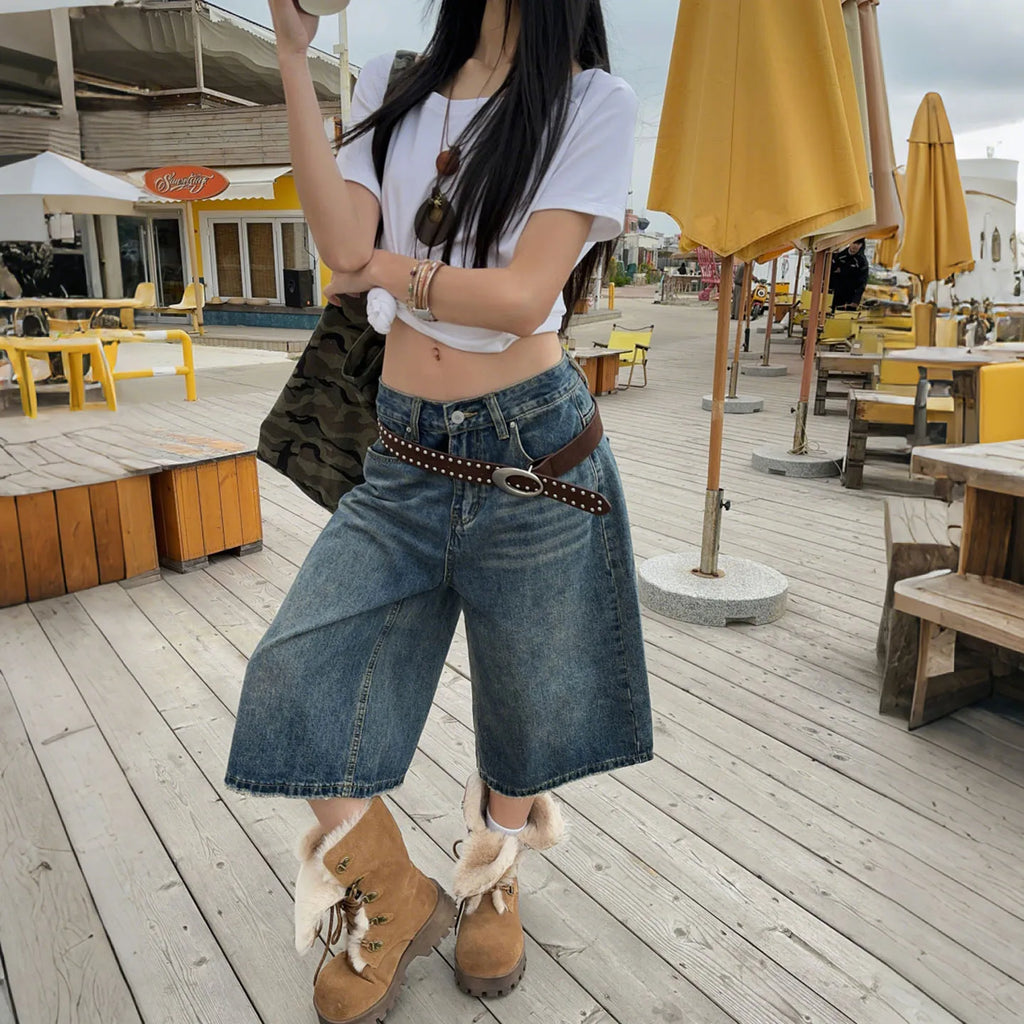 STORESDE Washed Fringed Design Wide Leg Denim Cropped Pants Versatile Casual Niche Design Straight Knee Length Pants
