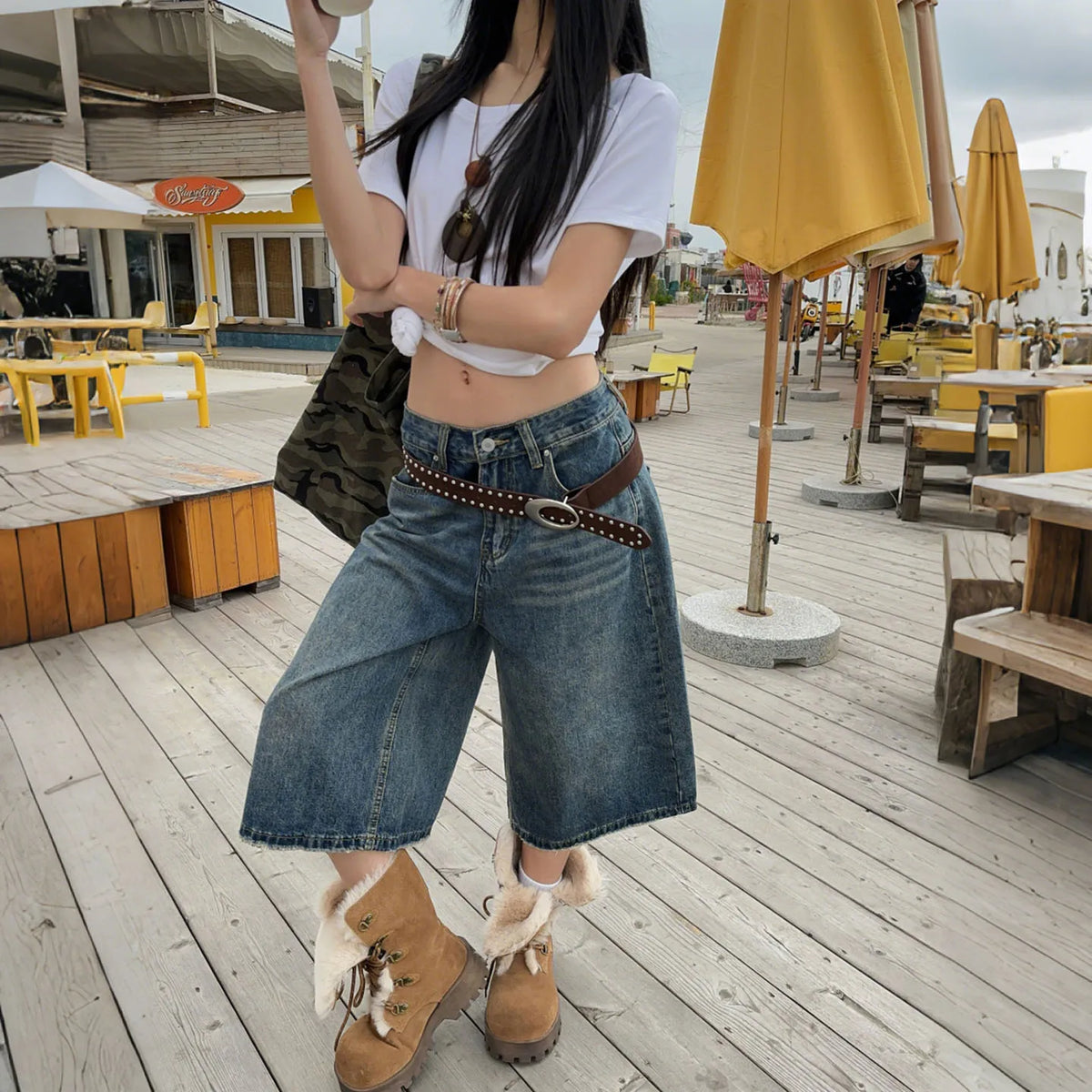 STORESDE Washed Fringed Design Wide Leg Denim Cropped Pants Versatile Casual Niche Design Straight Knee Length Pants