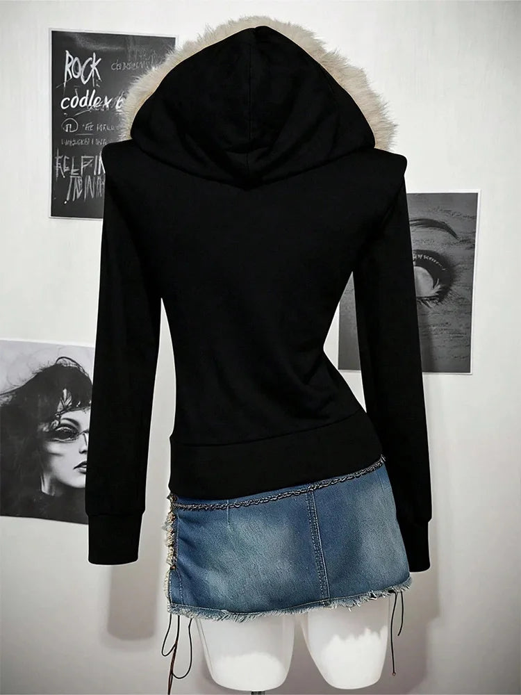 STORESDE Y2K Harajuku Gothic Women's Hoodie Sexy Slim Chic Suede Fur Collar Letter Print Cardigan Sweatshirt  Female Streetwear