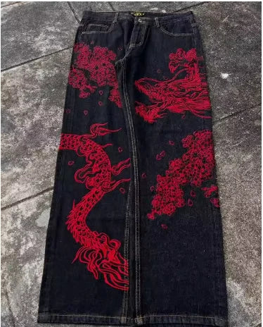 STORESDE New White Jeans Y2K Dragon Pattern Mens American High Street Retro Korean Straight Pants Harajuku Hip-Hop Couple Wide Pants