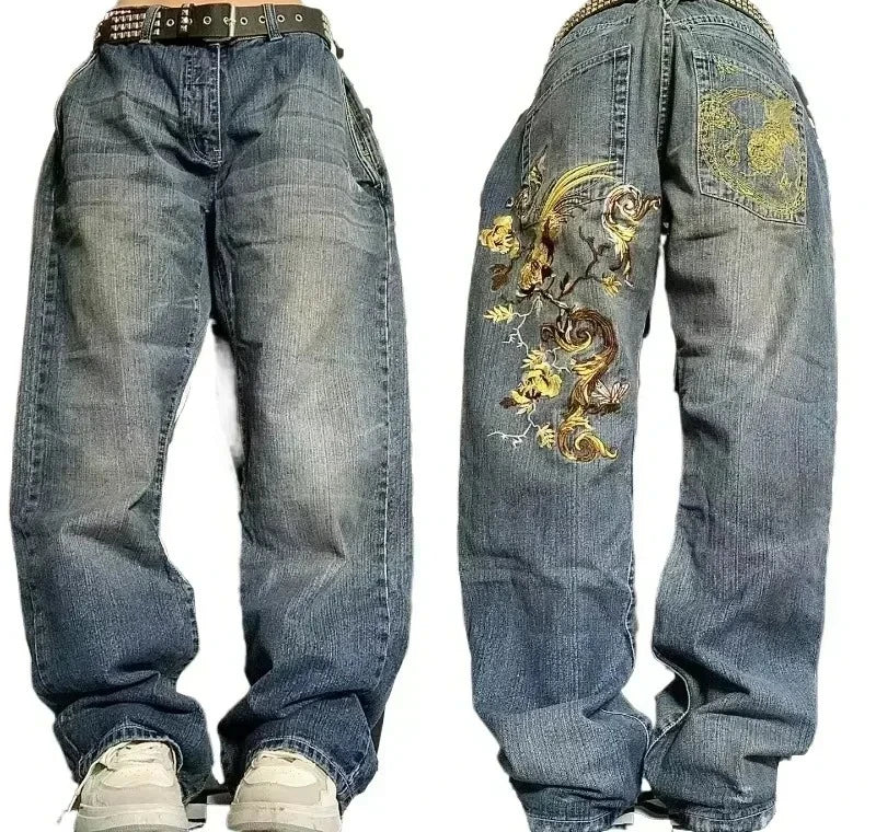 STORESDE 2025 New American Trend Retro Hip-hop Embroidery Pattern Baggy Jeans For Men And Women Y2K Harajuku Gothic Wide Pants Streetwear