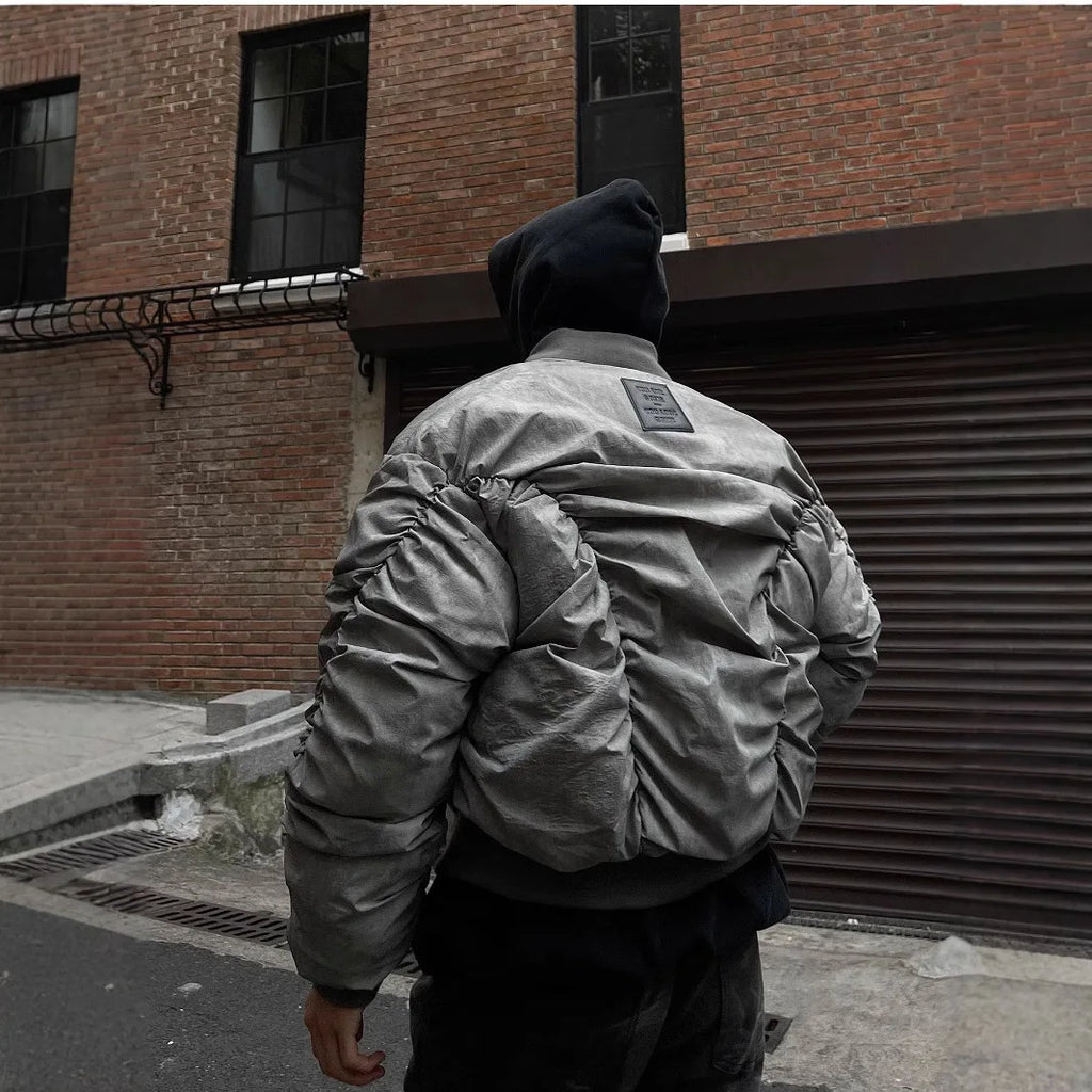 STORESDE Winter Vintage Distressed Style Wrinkle Design Baseball Jacket Cotton American Hip Hop Coat Warm Parka