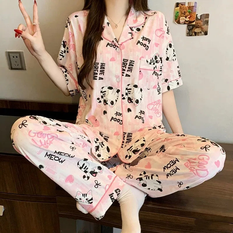STORESDE Cute Elephant Strip Print Women's Pajama Set Sleepwear Loungewear Y2K Korean Style Sweet Kawaii Summer New Casual Pajamas Set