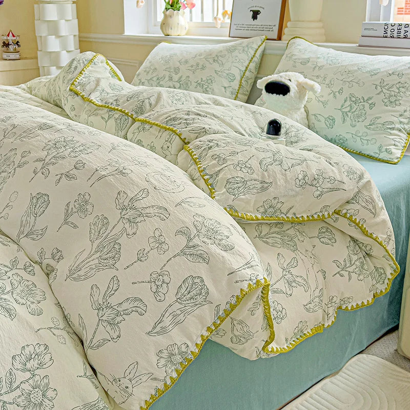 STORESDE Flower Printed Duvet Cover Sets Queen/King Bedding Set with Shell Edge Washed Cotton dekbedovertrek 240x220  이불 커버 Bed Cover Set