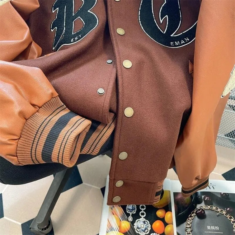 STORESDE American New Retro Letter Flocking Splicing Jacket Female Y2K High Street Fashion Hip-hop Loose Tooling Baseball Uniform Jacket