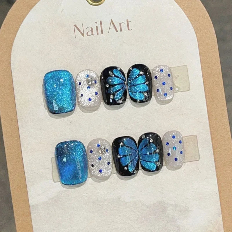 STORESDE 10pcs Flash Cat Eye Short French Ballet Nails Blue Butterfly Polka Dot Fake Nails Wearable Press on Full Cover Nail Tip Manicure