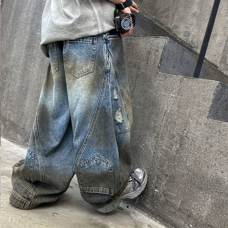 STORESDE American Tween Girl High Fashion Distressed Wide Leg Banana Jeans for Child Luxury Denim Pants Kids Dirty Washed Jeans Trousers