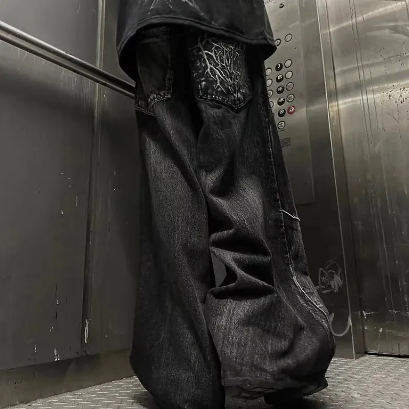 STORESDE Gothic Retro Baggy Unisex Mopping Pants Y2K Phantom Jeans High Street Spider Embroidered Patch Hip Hop Streetwear Straight Jeans