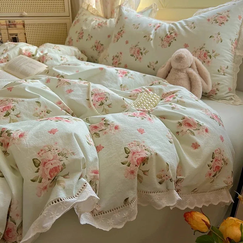 STORESDE Washed Cotton Duvet Cover Sets Single/Queen/king Flower Printed Bedding Set Princess Style e housse de couette 220x240 with Lace