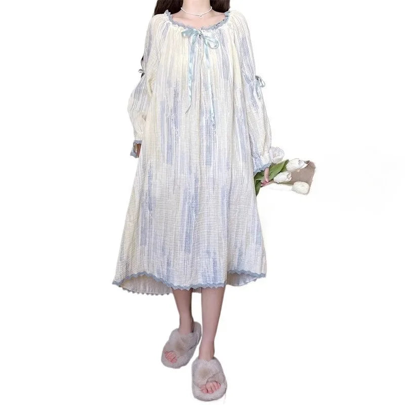 STORESDE Women Pajamas Dress Princess Style Sweet Long Sleeve Nightdress Round Neck Wide Striped Bow Cute Girly Midi Dress Night Wear
