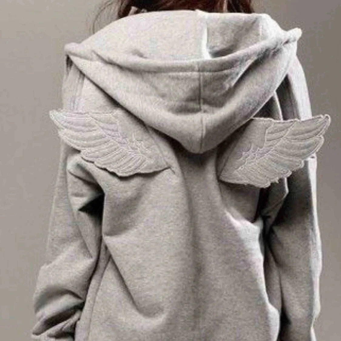 STORESDE Women Grey Angel Wing Embroidered Hoodie Cute Kawaii Pullover Sweatshirt Wing Decoration Back Y2K Street Harajuku Loose Pullover
