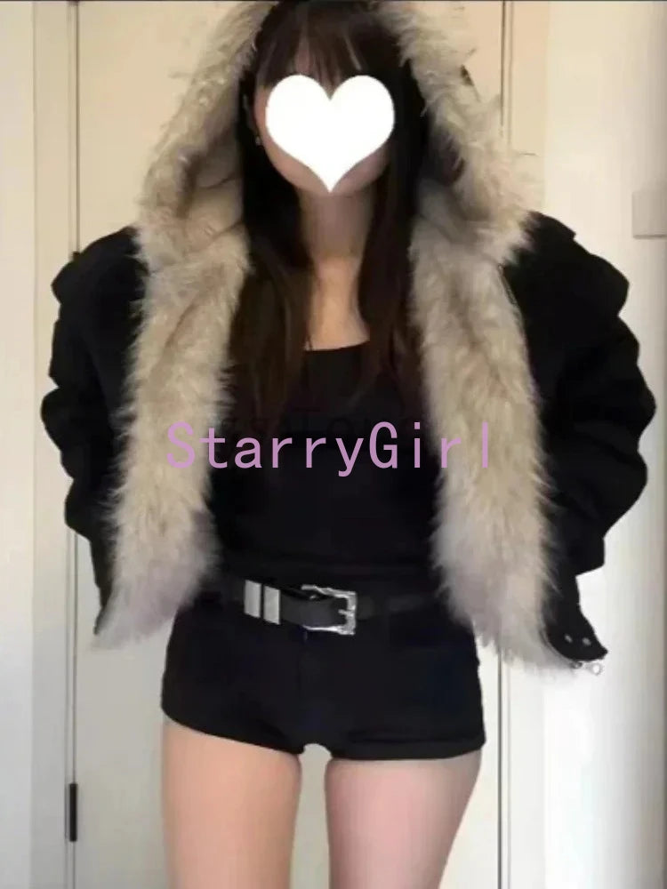 STORESDE Winter New Elegant Liner Fur Loose Coat Women Y2k Fur Collar Hood Thick Fashion Parkas Casual Outerwear Cotton Padded Jackets