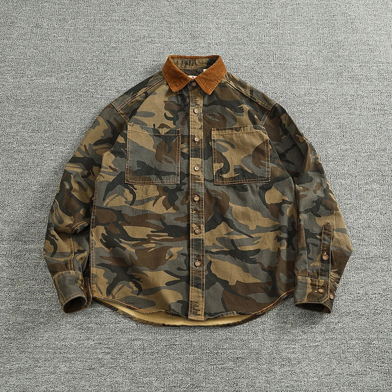 STORESDE 2025 Spring New American Retro Woven Twill Camouflage Cargo Shirt Men's 100% Cotton Washed Old Double Pocket Blouser Thin Jacket