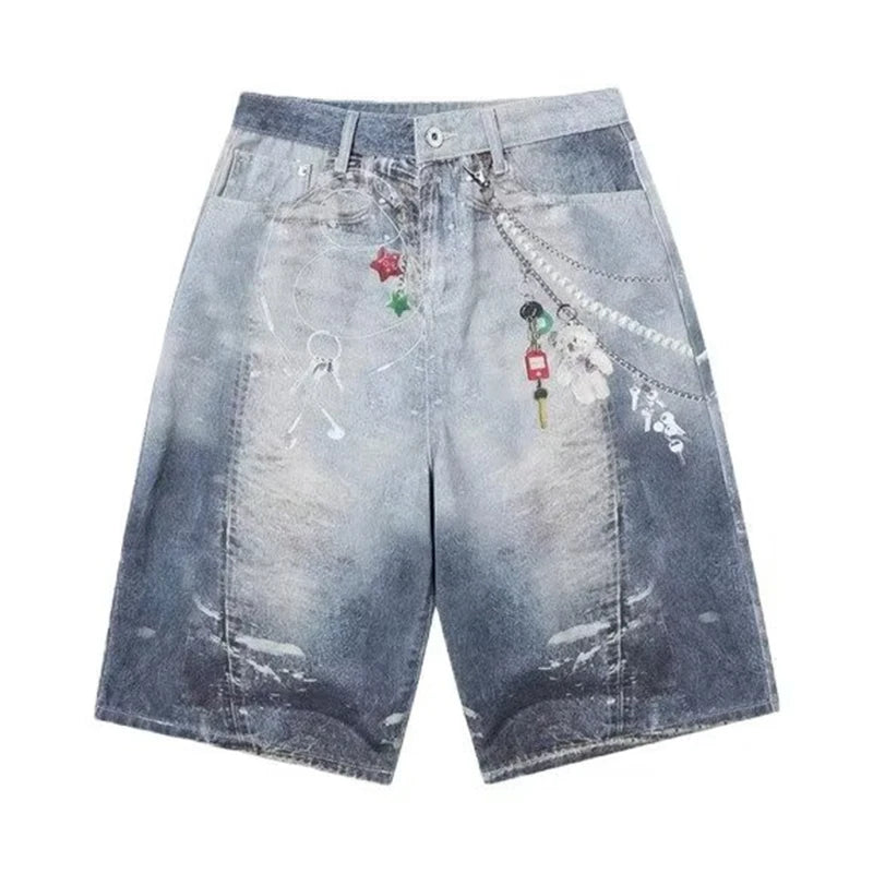 STORESDE 2025 New Men's Retro Bear 3D Printed Denim Shorts Hip Hop Fashion Straight Wide-leg Jorts High Street Y2K Baggy Bermuda Jeans