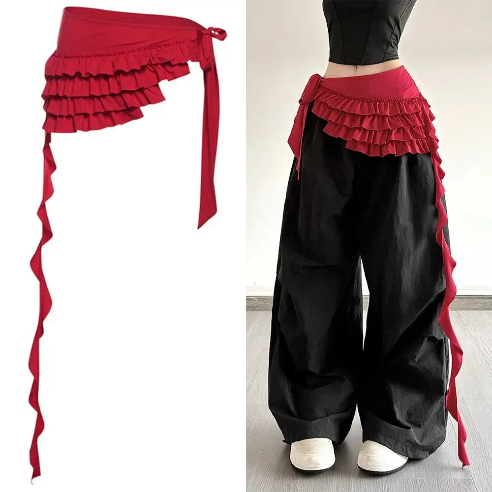 STORESDE Embroidered Flower Lace Mini Skirt Irregular See Through Ruched Skirts Lace-up Design High Waist Pleated Skirts