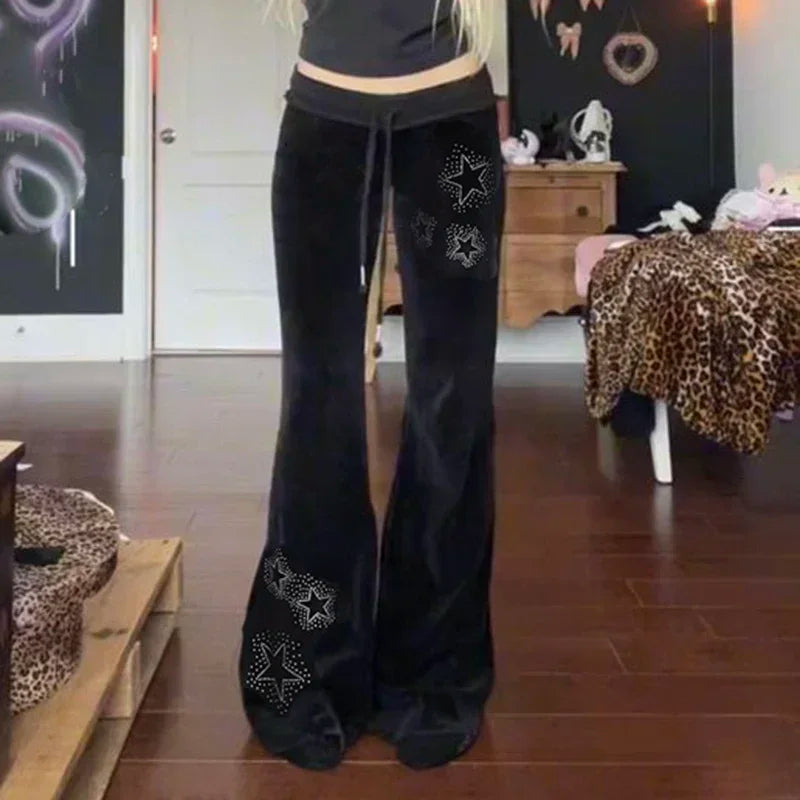 STORESDE Rhinestones Star Velvet Flared Pants Y2K Aesthetic High Waist Baggy Sweatpants Jogging Casual Basic Boot Cut Trousers